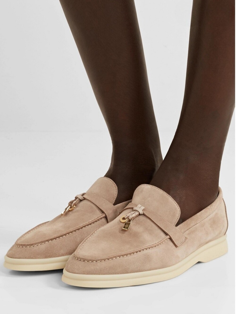 Loro Piana Summer Charms Walk Beige Suede Shearling-Trim Charm & Tassel Loafers